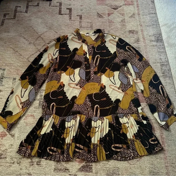 Zara •Equestrian Pleated Peplum Tunic Top Black Bridle Chain Print Size Small - Picture 3 of 10